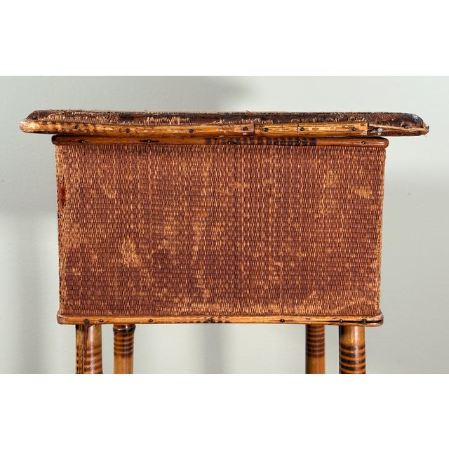 Brown Antique Bamboo Sewing or Storage Stand With Lift Top Woven Case For Sale - Image 8 of 11