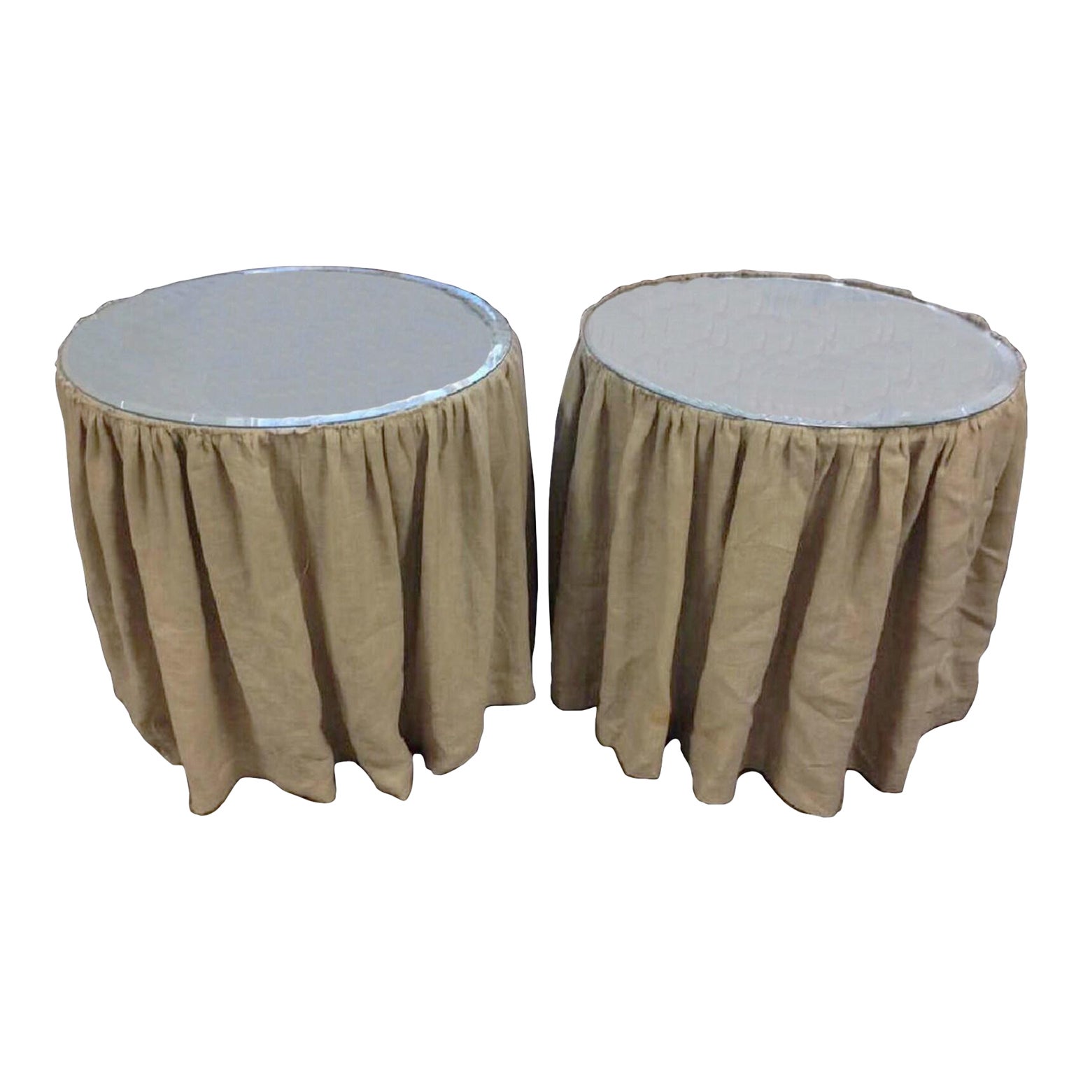 Pair French Country Farmhouse Large Khaki Linen Skirted Side Tables - a ...