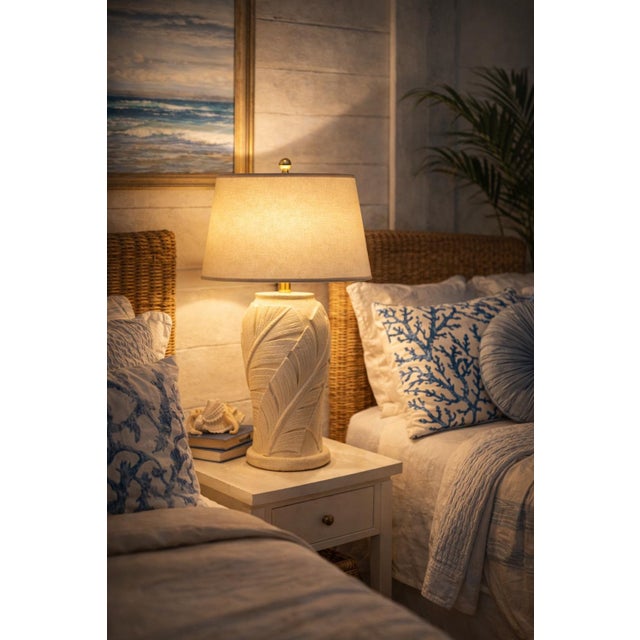 Beige Late 20th Century Hollywood Regency Palm Beach Sculptural Leaf Table Lamp With Linen Shade For Sale - Image 8 of 12