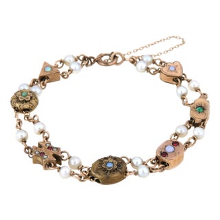 Victorian Bracelet Multicolor Gems Pearls 10k Yellow Gold 7 Slide Charms For Sale
