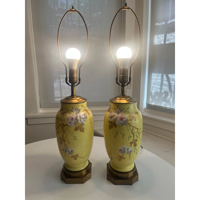 Pair of antique French opaline Japonisme style Baccarat stamped lamps. Baccarat referenced Japanese woodblock prints in...
