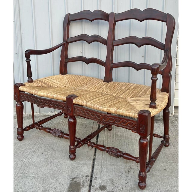 French Country Carved Country French Rush Seat Ladderback Settee For Sale - Image 3 of 9