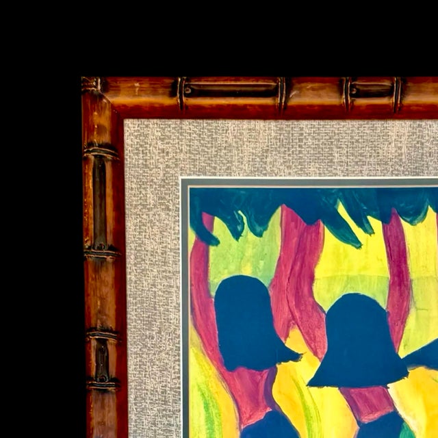 A vibrant vintage portrait painting by Hawaiian artist Mapuana Schneider featuring three hula dancers, set in a custom...