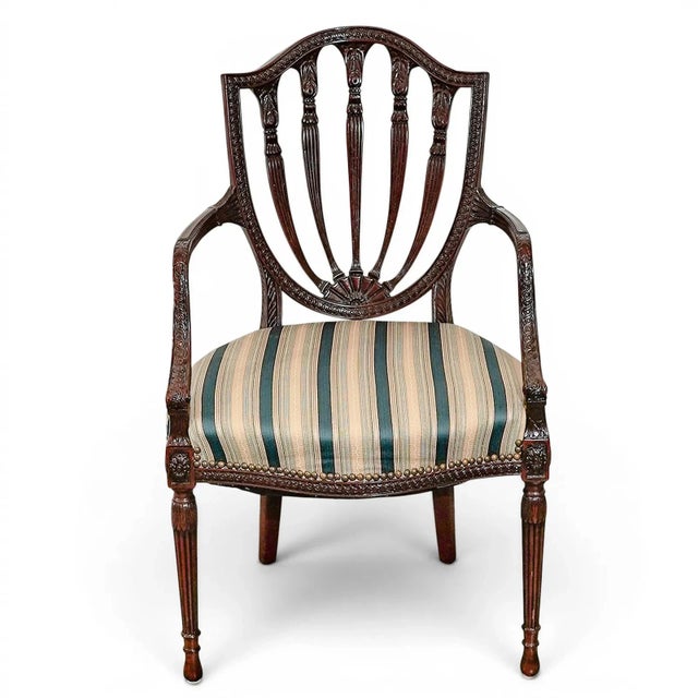 Hepplewhite Early 20th Century Set of 12 English Mahogany Hepplewhite Style Carved Back Dining Chairs For Sale - Image 3 of 6