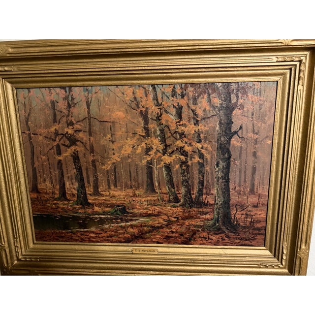 This is an original Edward Robert Sitzman oil painting. It is a autumn landscape with trees and small body of water. It is...