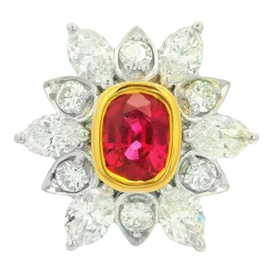 1.85 Carat Ruby Diamond Sunburst 18k White Gold Ring Size 6.75