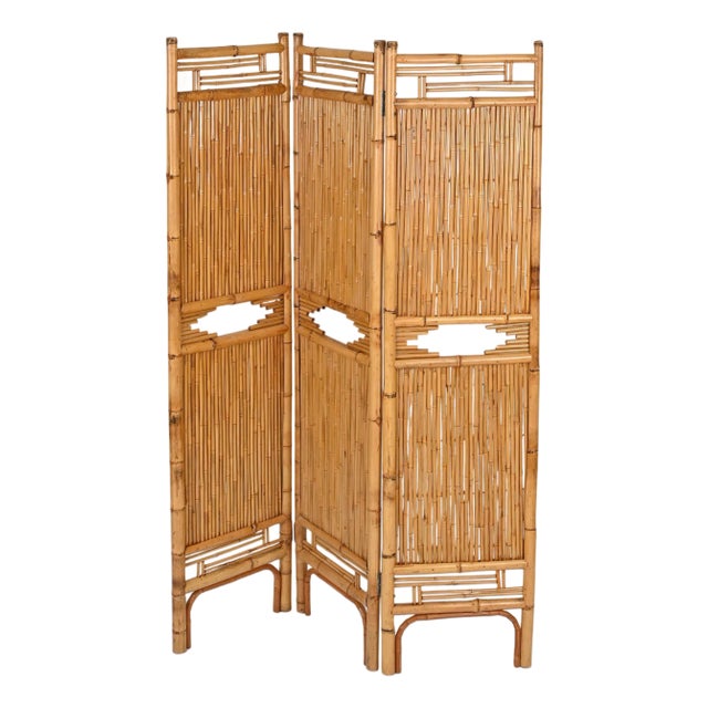 French Riviera Rattan and Bamboo 3-Panel Folding Screen, Italy, 1960 For Sale