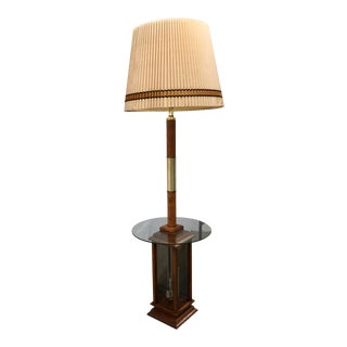 Mid-Century Modern Tall Table Floor Lamp With 3-Candle Etched Glass Lantern Base & Large Original Shade For Sale