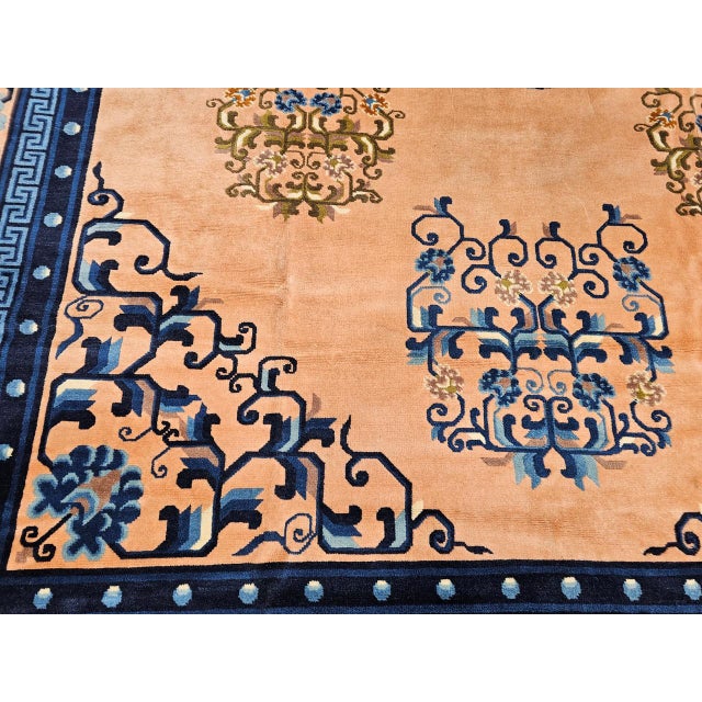 Early 20th Century Art Deco Chinese Rug, Handwoven Wool Pile, Apricot & Navy, Lotus Motif, 8' x 11' For Sale - Image 16 of 18