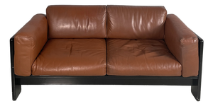 Mid-Century Italian Bastiano Sofa in Brown Leather and Black Wood attributed to Afra and Tobia Scarpa for Gavina, 1960s