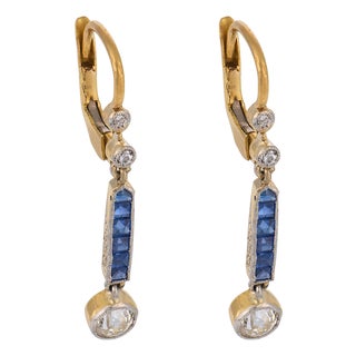 Art Deco Style Diamond Sapphire 18k Yellow Gold and Platinum Drop Earrings, A Pair For Sale