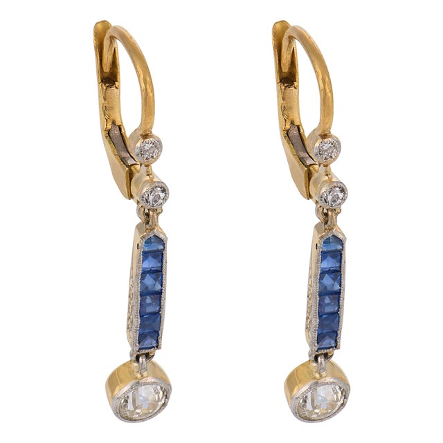 Art Deco Style Diamond Sapphire 18k Yellow Gold and Platinum Drop Earrings, A Pair For Sale