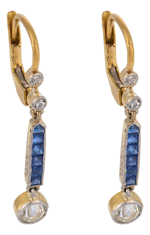 Art Deco Style Diamond Sapphire 18k Yellow Gold and Platinum Drop Earrings, A Pair