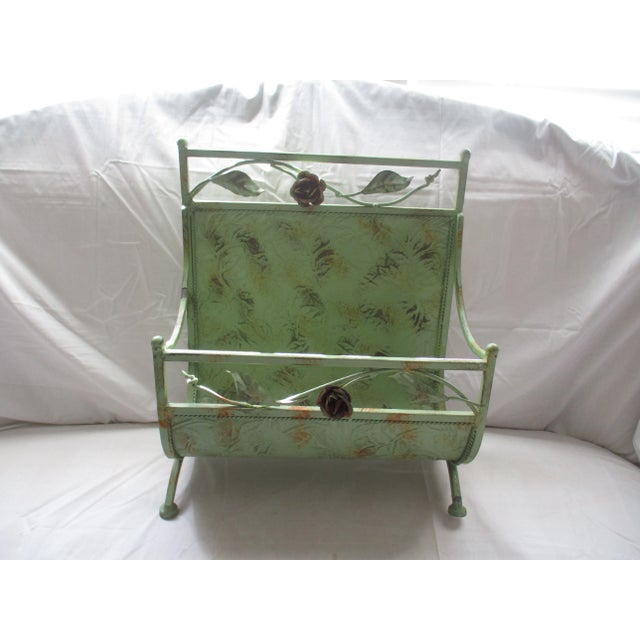 Metal 1960s Vintage French Country Romantic Green Metal With Roses Magazine Rack For Sale - Image 7 of 8