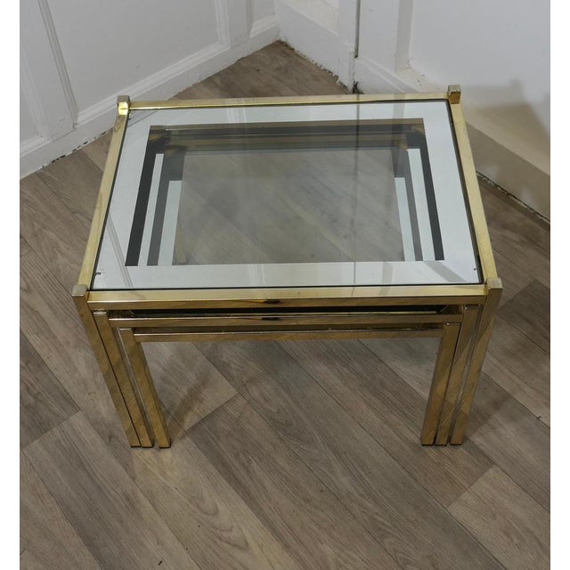 Art Deco Glass Mirror and Brass Nest of Tables, 1960s, Set of 3 For Sale - Image 3 of 9