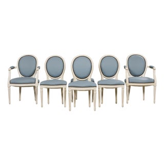 Antique French Louis XVI Style Painted Dining Chairs in Sky Blue Leather - Set of 6 For Sale
