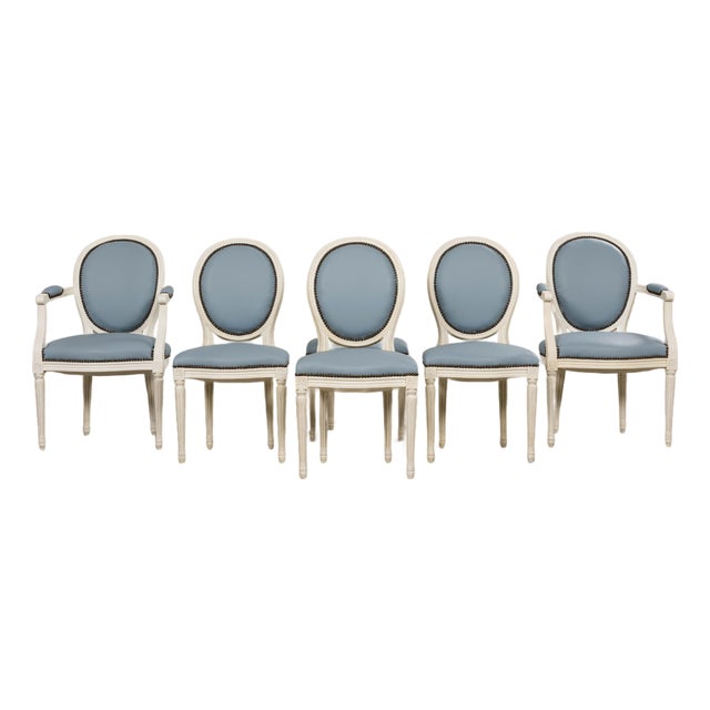 Antique French Louis XVI Style Painted Dining Chairs in Sky Blue Leather - Set of 6 For Sale