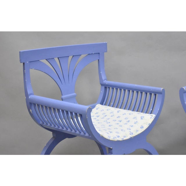 Vintage Hollywood Regency Italian Style Blue Curule X-Frame Arm Chair - A Pair For Sale - Image 12 of 15