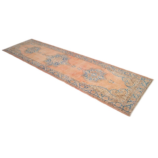 Traditional Ottoman Design Distressed Oushak Runner Rug Faded Colors Low Pile - 3'2″ X 12'2″ For Sale - Image 6 of 13