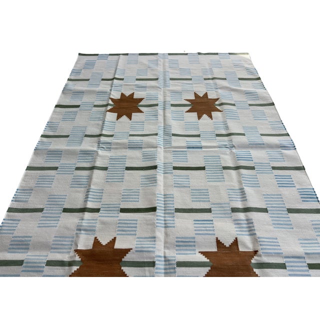 Textile Handmade Cotton Vegetable Dyed Area Rug, White, Sky Blue, Sage Green Star Dash Striped Dhurrie-5'x8' For Sale - Image 7 of 13