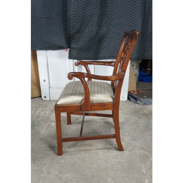 2 Late 20th Century Maitland Smith Chippendale Pierced Mahogany Dining Arm Chairs Silk Seats Pair For Sale - Image 16 of 18