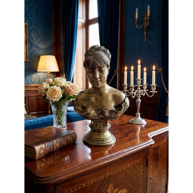 A refined vintage brass half-bust, depicting a young woman with an elaborate updo. The work, recovered from a stately...