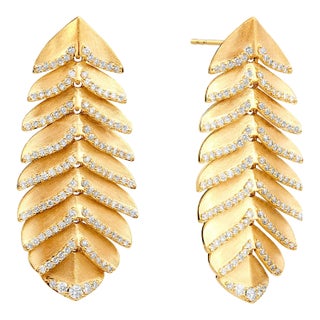 Syna Yellow Gold Feather Earrings with Diamonds, a Pair For Sale