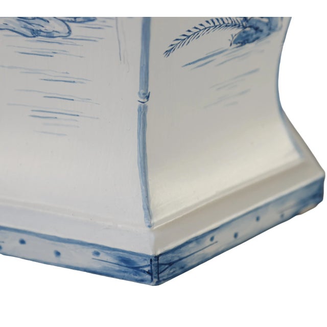 Metal Pair Vintage Chinoiserie 6 Sided Blue and White Painted Tole Temple Jar Lamp For Sale - Image 7 of 8