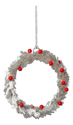 Festive Beaded Ornaments with Red Berries, Set of 12, Silver Round, 4"
