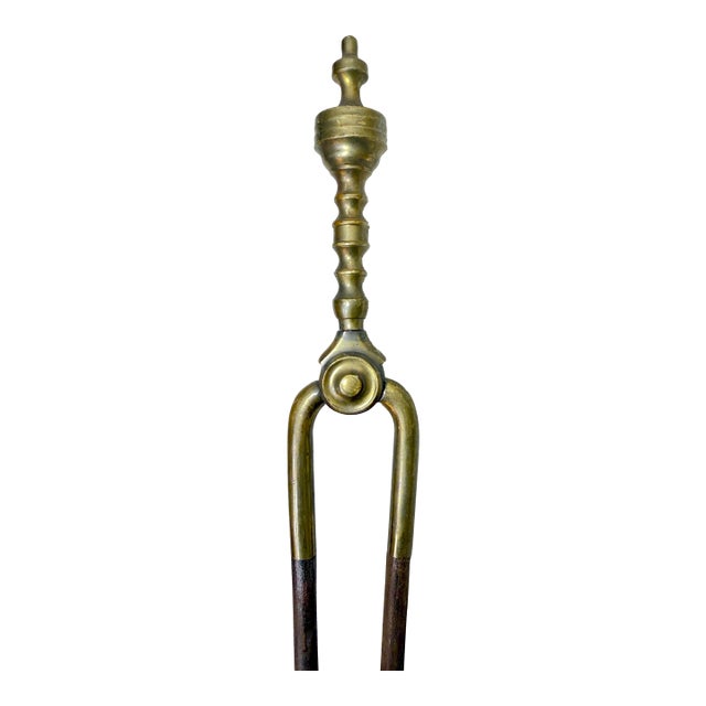 Antique 18th Century Wrought Iron Turned Brass English Fireplace Tongs Tool 3 For Sale