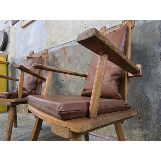 Brown Vintage Rustic Oak Chairs with Leather Cushions, 1970s, Set of 2 For Sale - Image 8 of 18