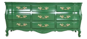 John Widdicomb French Provincial Louis XV Green Lacquered Triple Dresser, Newly Refinished