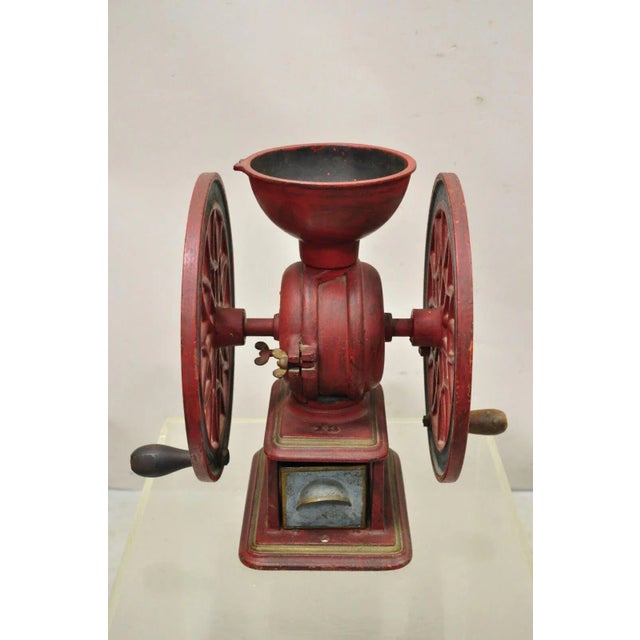 Swift Mill Lane Red & Blue Cast Iron Victorian Coffee Mill Grinder w/ Drawer. Circa Late 19th Century. Measurements: 14.5"...