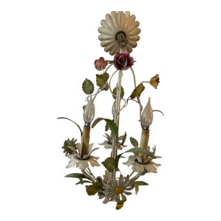Vintage Italian Tole Floral 3-Light Chandelier || Roses & Daisies || Late 1950s Mid-Century Modern Farmhouse For Sale