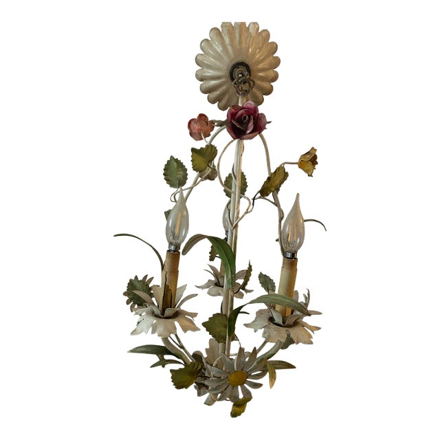 Vintage Italian Tole Floral 3-Light Chandelier || Roses & Daisies || Late 1950s Mid-Century Modern Farmhouse For Sale