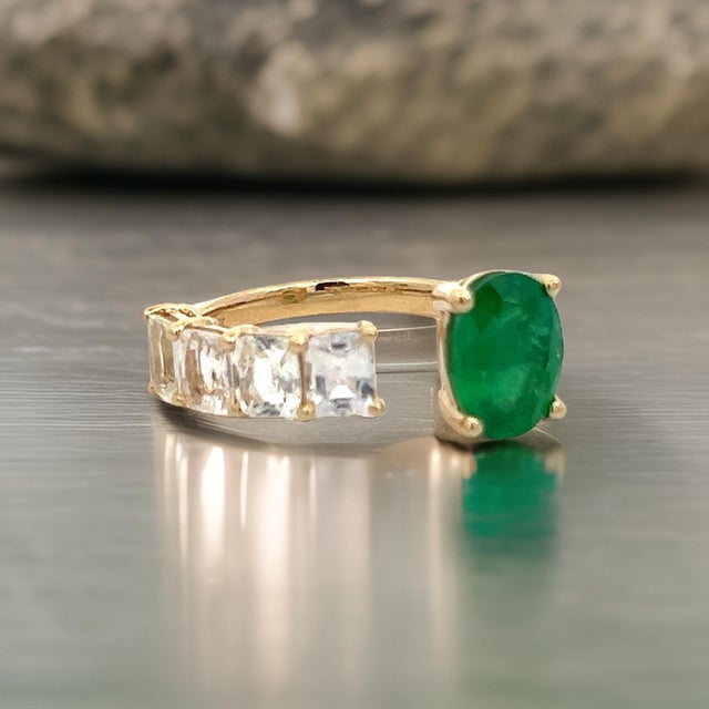 Natural Emerald and White Sapphire Ring 6.5 14k Y Gold 4.05 TCW Certified For Sale - Image 14 of 18