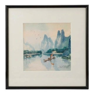 Vintage Chi Shing Chinese Guilin Landscape Watercolor Painting Framed Signed For Sale