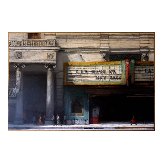 1990s Original Richard Bunkall Painting, Cinematic Urban Theatre Marquee Scene, Framed Oil on Canvas For Sale