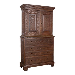 Highly Carved Pine Secretary From Denmark, Circa 1890 For Sale