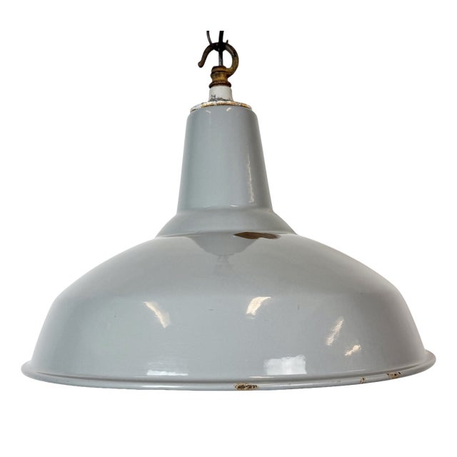 Vintage British Industrial Grey Enamel Factory Pendant Lamp, 1960s For Sale