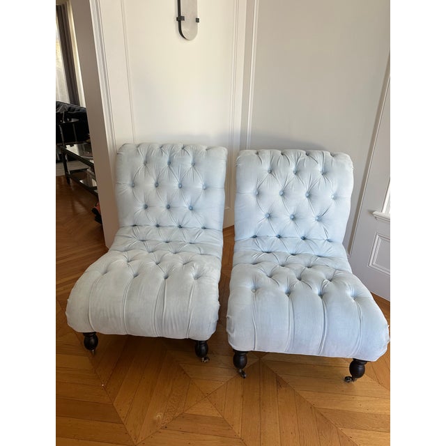 2000 - 2009 Tufted Blue Slipper Chairs (Pair) For Sale - Image 5 of 6
