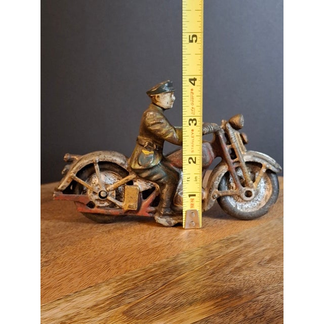American Antique 1930s Hubley Cast Iron "Patrol" Cop Police Motorcycle Toy | Green Paint & Integral Officer Rider 6.25" For Sale - Image 3 of 17