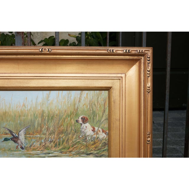Fernand Maissen Oil on Panel Painting Depicting a Setter Hunting a River Mallard For Sale - Image 11 of 12
