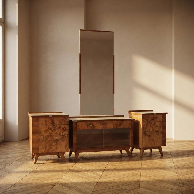 Large Vintage Dressing Table Set in Burl Veneer, 1940s, Set of 3 For Sale - Image 13 of 13