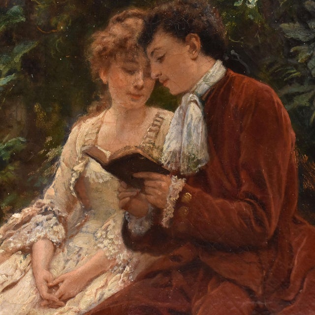 Auguste Hadamard, Young Lady and Gentleman, Gallant Scene, Oil on Canvas, 19th Century For Sale - Image 6 of 11