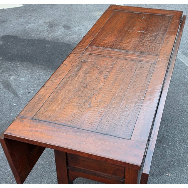 Wood American Craftsman Style Rustic Oak Drop-Leaf Console/Dining Table, Imported From Bulgaria by Crate & Barrel Co., 2005 [Unsigned] For Sale - Image 7 of 15