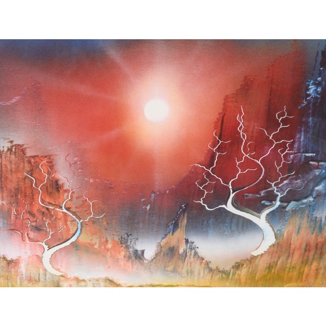 1990s "Twisted Trees Above the Canyon" Surrealist Landscape Acrylic Painting, Framed For Sale - Image 4 of 12
