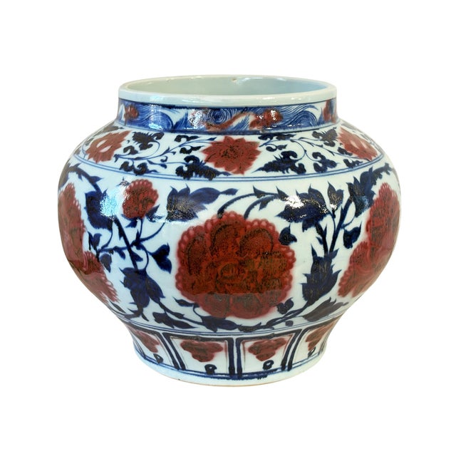 Blue Vintage Ming Style Chinoiserie Blue and White Vase/Cachepot 11" H For Sale - Image 8 of 10