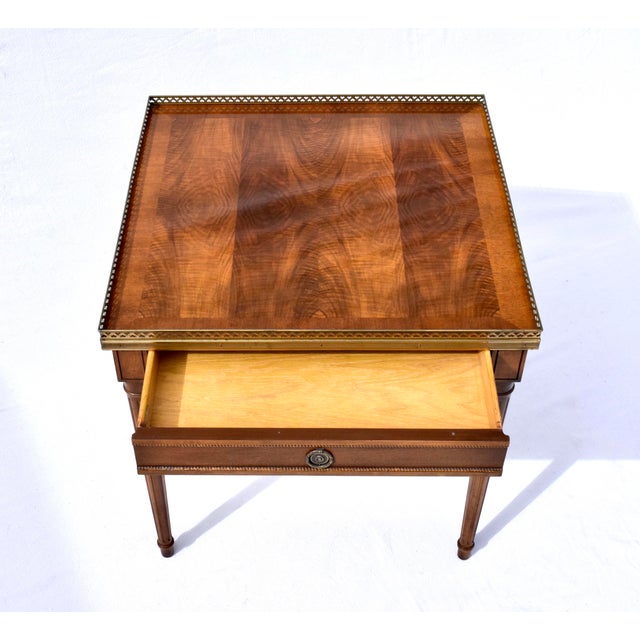 1980s Vintage Baker Furniture French Louis XVI Style Walnut Accent Table Brass Gallery For Sale - Image 5 of 10