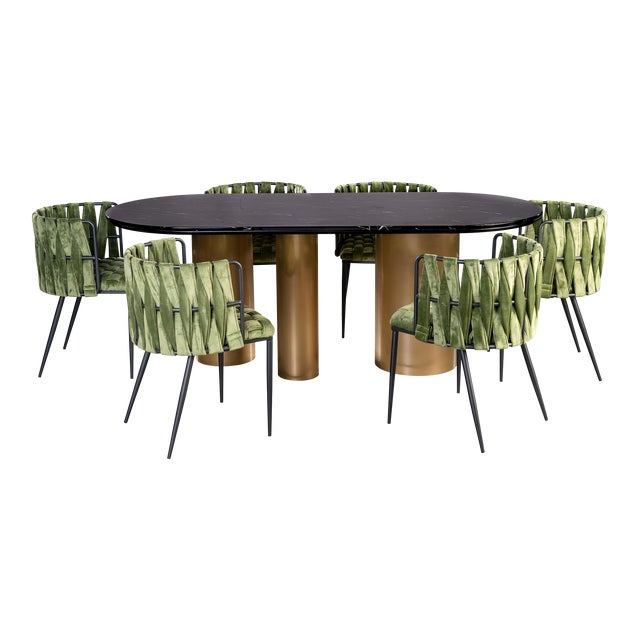 Balmain Marble Top Dining Set for 6 with Green Chairs - 7 Pieces For Sale